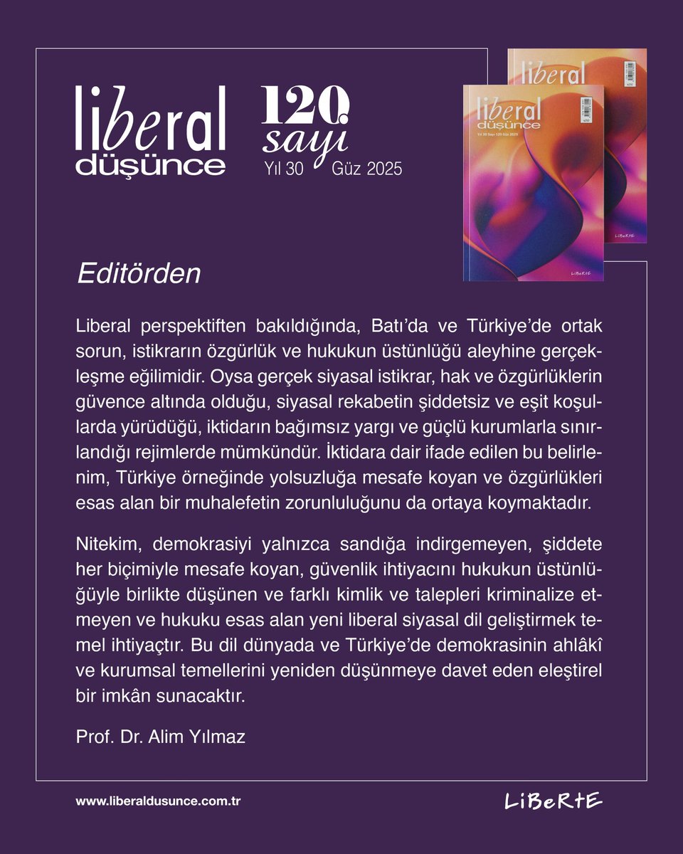 "Liberalizmin eleştirel mirasını hatırlamak", Prof. Dr. Alim Yılmaz, Liberal Düşünce, Yıl 30, Sayı 120, Editörden.
Tamamını sayfamızdan okuyabilirsiniz 👇🏻
liberaldusunce.com.tr/liberal-dusunc…