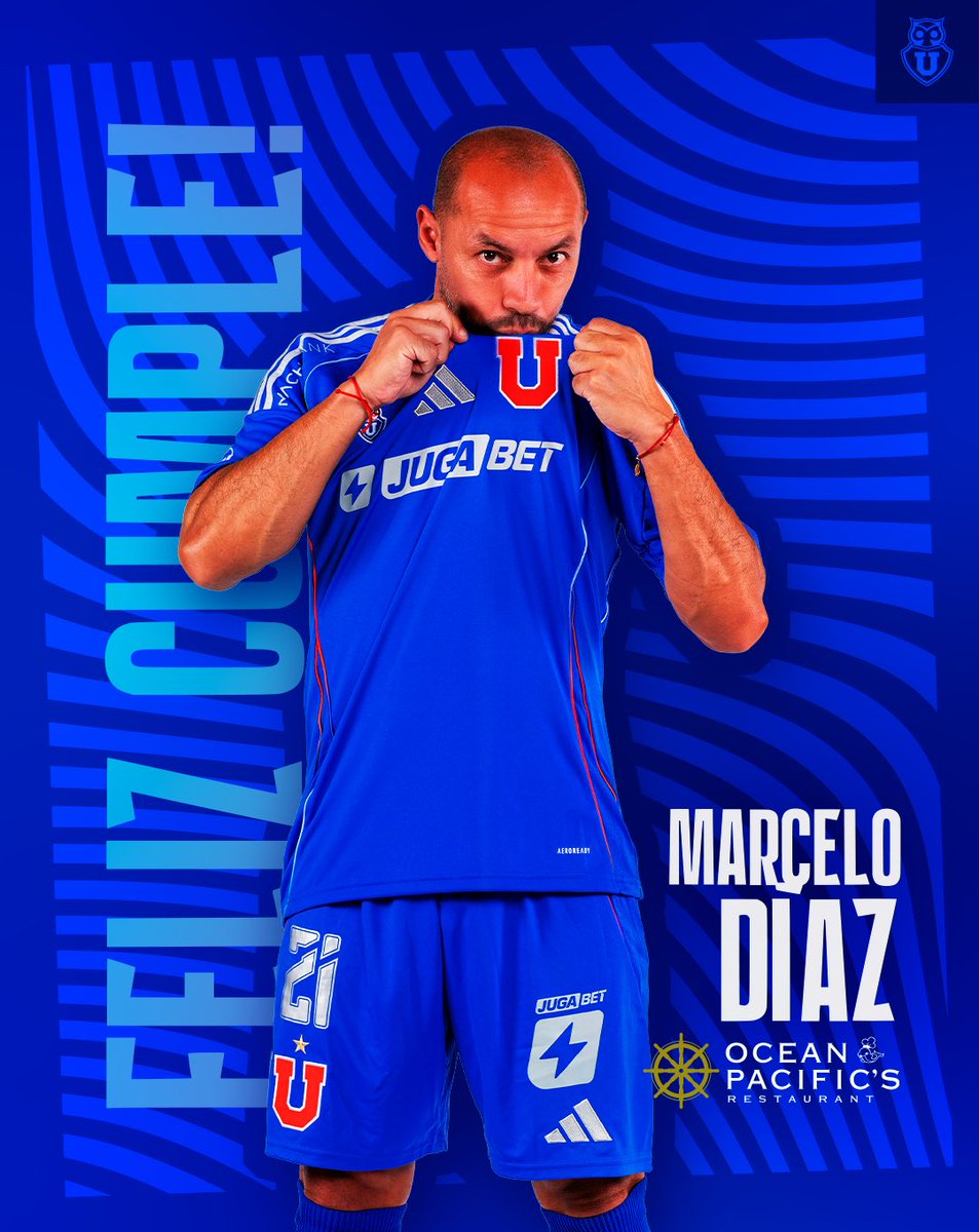 udechile's tweet photo. Felicidades al carepato canterano, hincha, multicampeón, capitán e ídolo del Romántico Viajero 🤘🏼

Feliz cumpleaños, Marcelo Díaz querido 🥳🎂💙 @CHELODIAZ_21 

Presentado por Ocean Pacific’s Restaurant 🐋 https://t.co/ZGcdQ3zwDj