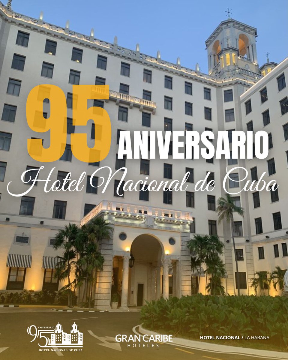 ✨ 95 años de historia, elegancia y leyenda celebra hoy el Hotel Nacional de Cuba, símbolo de nuestra identidad nacional. 

Hoy celebramos nueve décadas y media de ser más que un hotel: un ícono, un patrimonio, un pedazo del alma cubana que perdura. 🏛️🇨🇺

#GranCaribe #Cuba