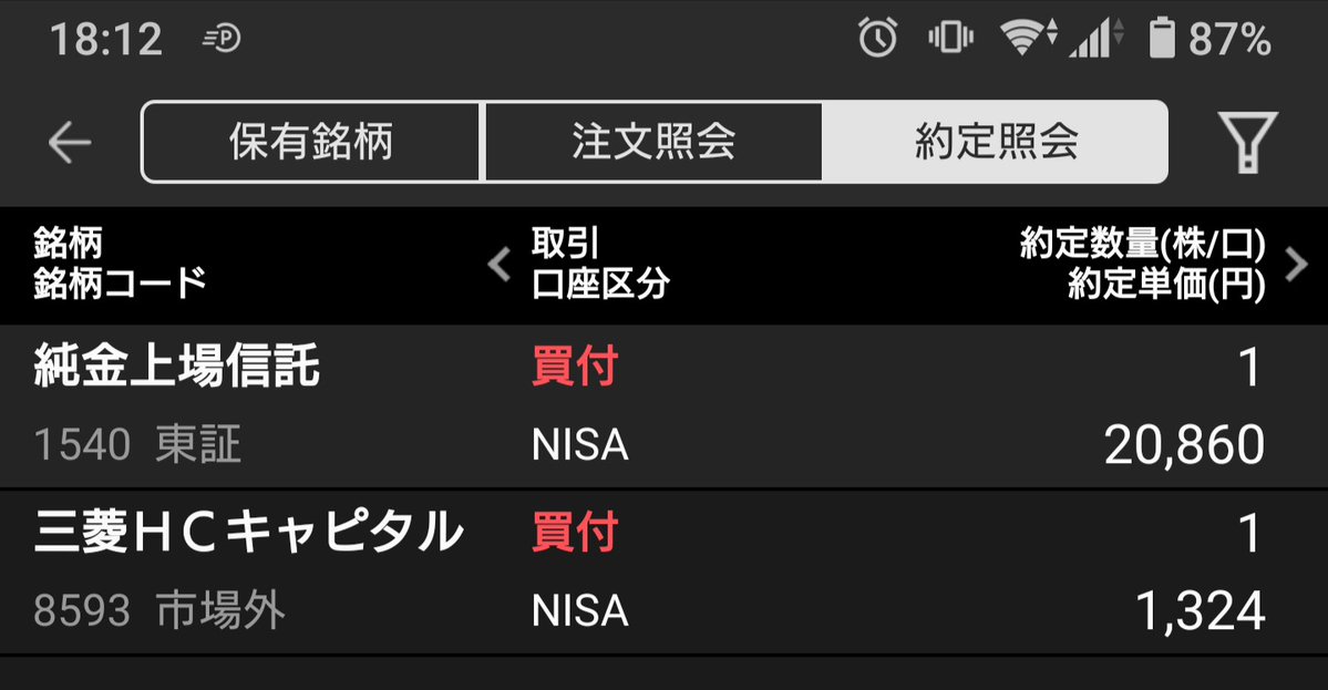 今日の買い！ 1540 純金上場信託 1株 8593 三菱HCC 1株 なんかNISA枠の