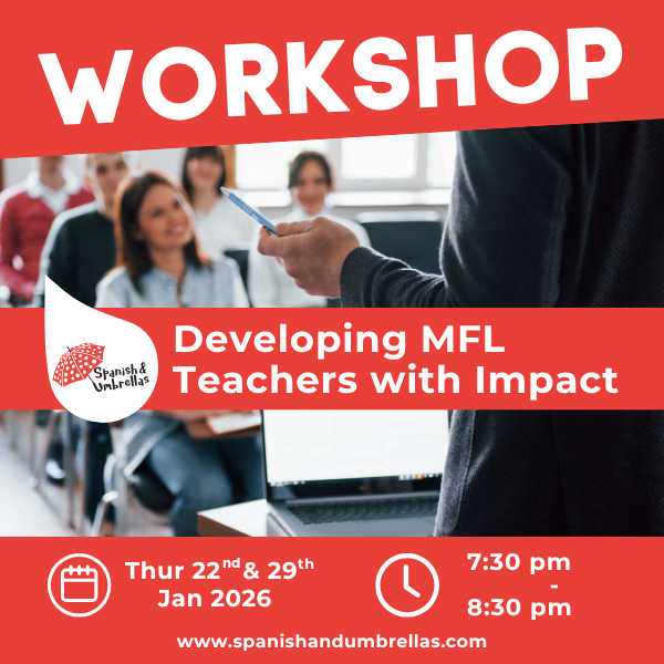 SpanishUmbrella's tweet photo. ✨ New year. New intentions. Sustainable leadership in teacher development. 
ITT mentors, middle leaders &amp; HoDs: start 2026 with practical tools to support your team.
🗓️ 22 &amp; 29 Jan 2026 | 7:30–8:30pm (UK)
🎤 E. Sánchez &amp; E. Atack
👉 https://t.co/YRVzWE4neV
#mflteachers #mflcpd https://t.co/jWag7PCXok