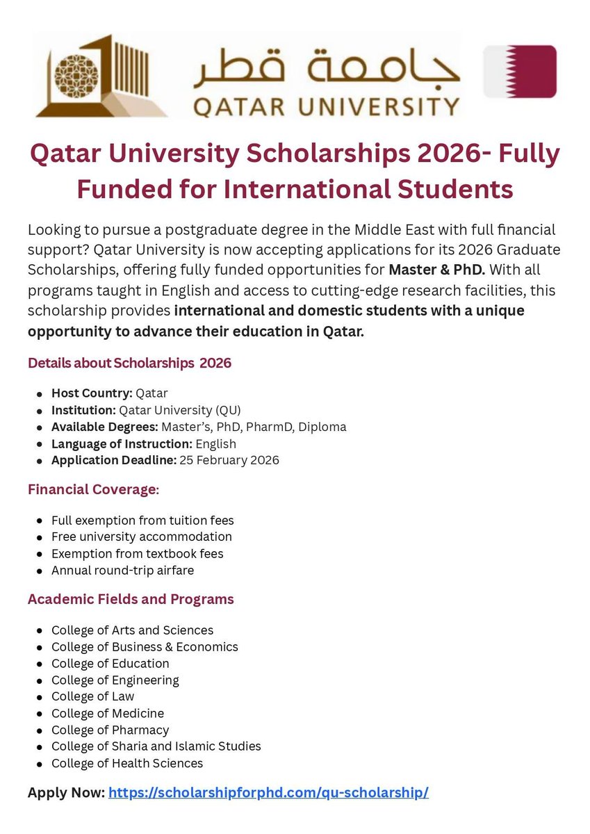 ScholarshipfPhd's tweet photo. Qatar University Graduate Scholarships Fall 2026 - Free Study in Qatar - Fully Funded

Apply: https://t.co/BNuoLcqbvj

University: Qatar University

Degree level: Master's, PhD, PharmD,

Deadline: 25 February 2026 https://t.co/p9MV9rbamg