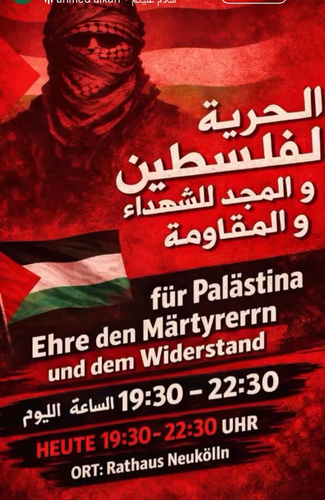 Die sogenannten pro-palästinensischen Gruppen, die eigentlich als pro-Hamas-Gruppe von Neukölln in Berlin bezeichnet werden sollten, konnten es nicht ertragen, die gestern bekannt gegebene Nachricht vom Tod der Anführer der Terrororganisation zu hören, und beschlossen daher, für