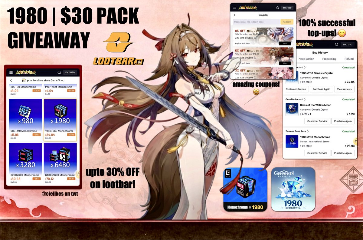 cielikes's tweet image. ✦ 1980 30$ PACK GIVEAWAY ✦

✦ follow me &amp;amp; @Lootbar_gg 
✦ like + rt this post
✦ like + rt my pinned 

✦ opt: your fav hoyo game &amp;amp; why ?

ends on 1k rts🩷

#genshin #genshinimpact #genshintwt #giveaway #zzz #hsr #lootbar