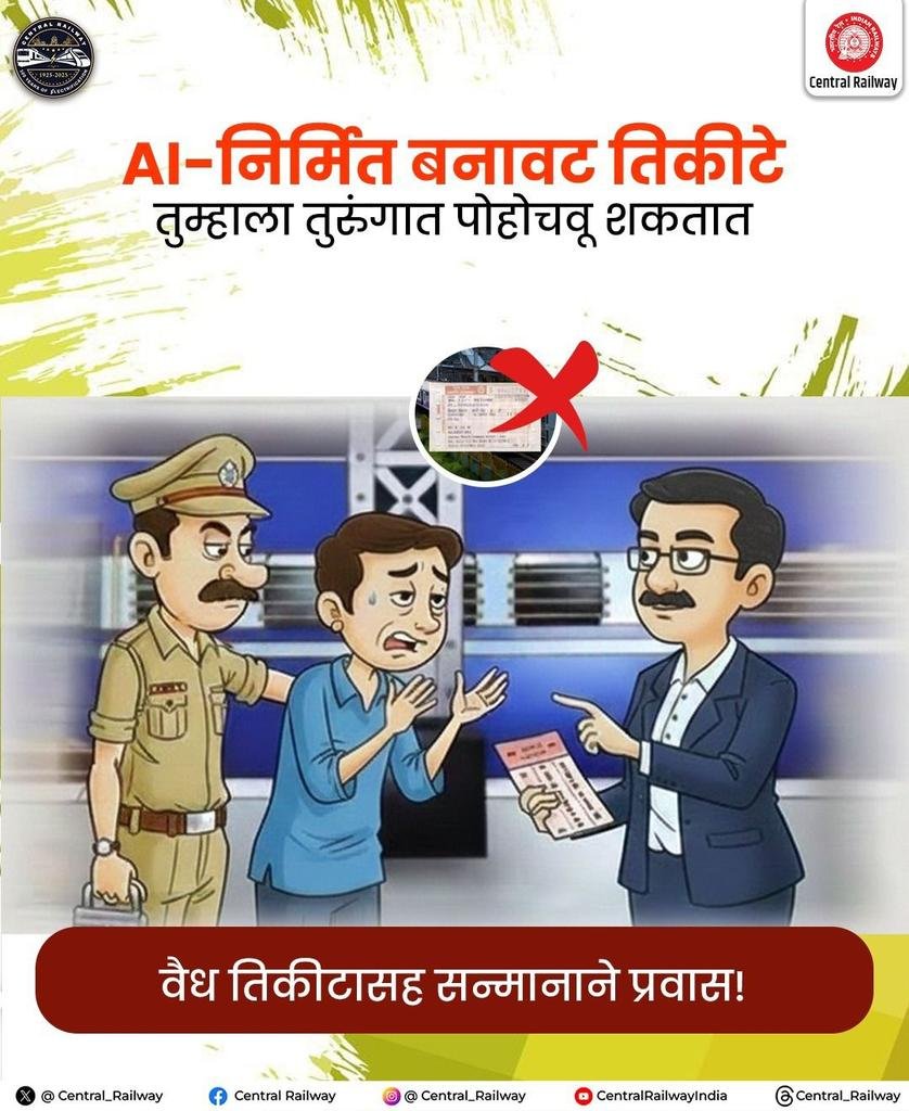 drmmumbaicr's tweet photo. AI-निर्मित बनावट तिकीट वापरणे हा कायद्याने गुन्हा आहे. यामुळे कायदेशीर कारवाई होऊ शकते. वैध तिकीट बाळगा आणि नियमांचे पालन करा! #CentralRailway #TravelSafe #ValidTicketOnly #RailwayAwareness #NoFakeTickets #ResponsibleRailYatri https://t.co/SrNt226dud