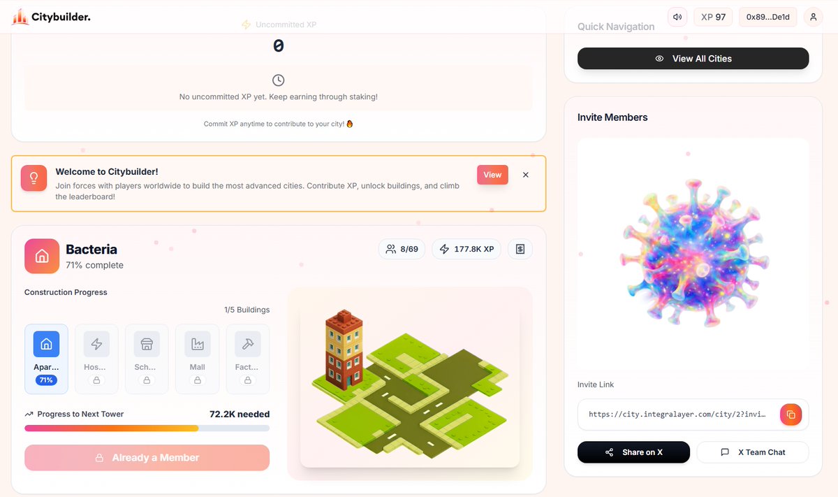 I’ve just joined your city <a href="/0xBacteriaBro/">bacteria</a>   
and started supplying some XP there.

From this initial experience, XP plays a clearly central role in driving a city’s progress.
It’s positioned as a signal of participation,
accumulated through ecosystem activities and on-chain