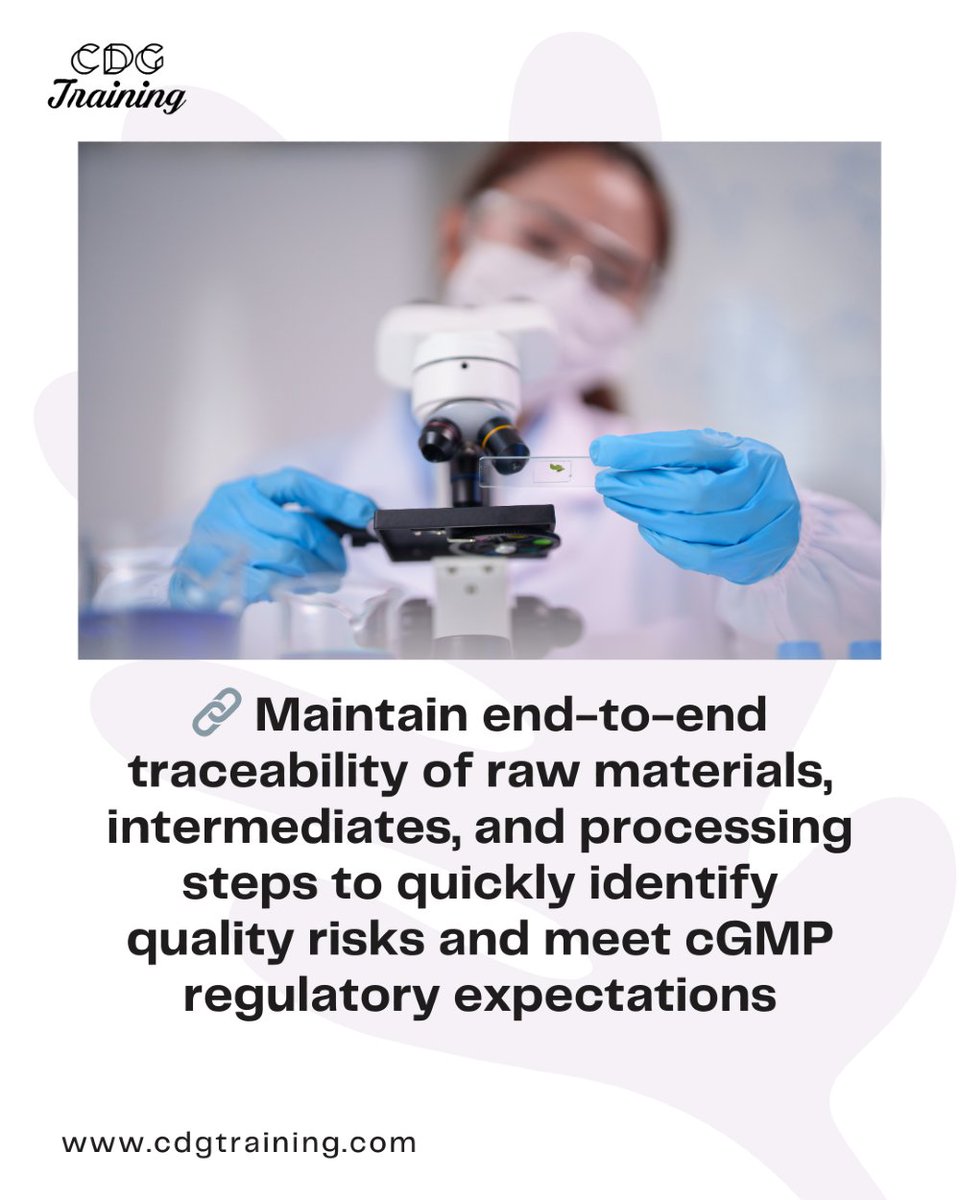 cdgtrainings's tweet image. The **cGMP Compliance for Active Pharmaceutical Ingredients (APIs)** course.

Learn more: [cdgtraining.com/courses/cGMP-C…]

#cgmp #apimanufacturing #activepharmaceuticalingredients #pharmacompliance #drugsubstances #qualityassurance #regulatorycompliance #ichq7 #gmpaudit
