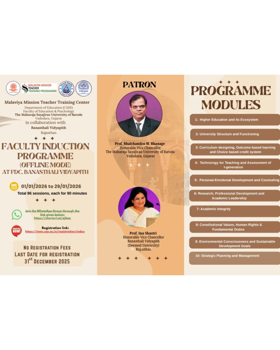 Themsubaroda's tweet image. The MSUB, through MMTTC, in collaboration with Banasthali Vidyapith, is organising a Faculty Induction Programme (Offline) at FDC, Banasthali.
1–29 Jan 2026 |📍Offline
⏳ Register by 31 Dec 2025
#MSUBaroda #FacultyDevelopment #HigherEducation