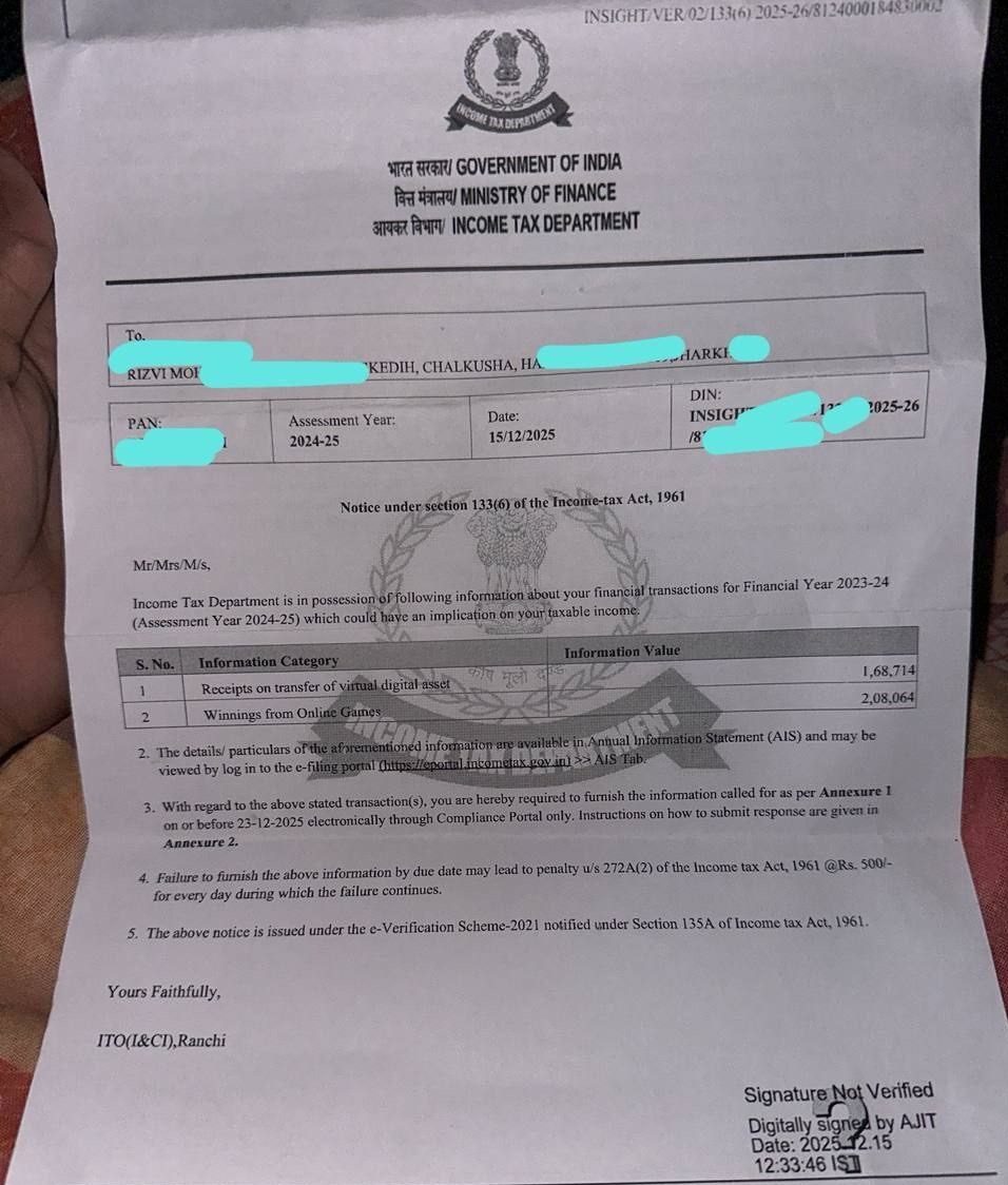🇮🇳 Crypto traders in India important update. The Income Tax Department  has started sending notices for undeclared crypto income under Section  133(6). Data is coming from AIS, exchanges, banking trails, and KYC