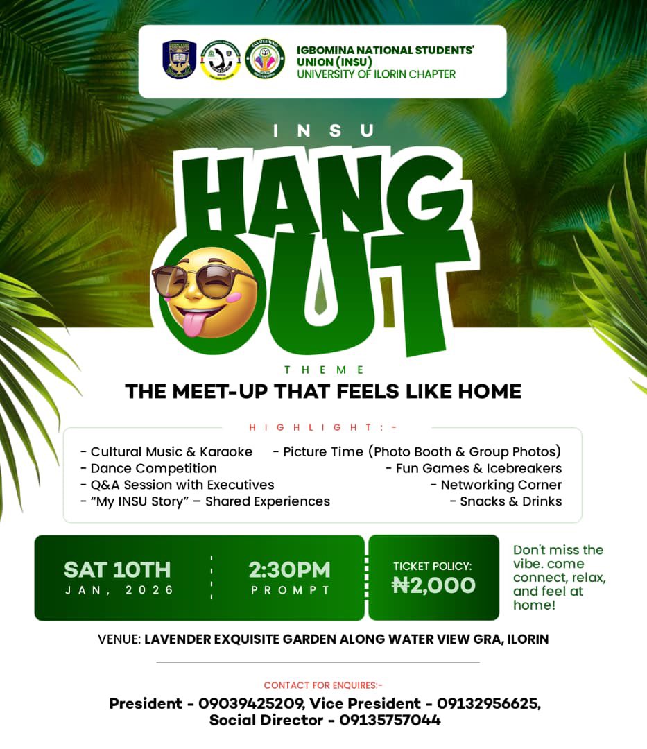 insu_unilorin's tweet photo. 🌴🔥 INSU HANGOUT 2026 🔥🌴
 The meet-up that feels like home.
 One space. One family. One unforgettable vibe 💚

📅 Sat, Jan 10, 2026
 ⏰ 2:30PM 

Lavender Exquisite Garden, Water View GRA, Ilorin
 🎟 Ticket: ₦2,000

DM for payment  details and how to get your ticket!! https://t.co/T3HcNWUtYG