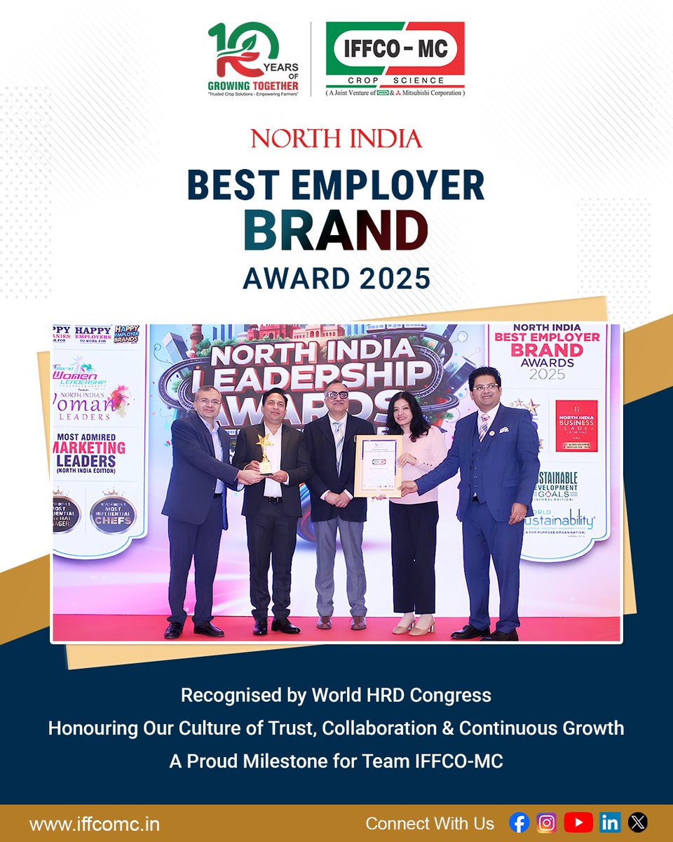 iffcomc's tweet photo. 🏆Proud Moment for IFFCO-MC!

We are honoured to be recognised as the “North India Best Employer Brand 2025” by the WORLD HRD Congress. 

#iffcomc #bestemployerbrand #northindia #worldhrdcongress #peoplefirst #workplaceexcellence #agriculture #cropprotection #empoweringfarmers https://t.co/ZoFOJezMTp