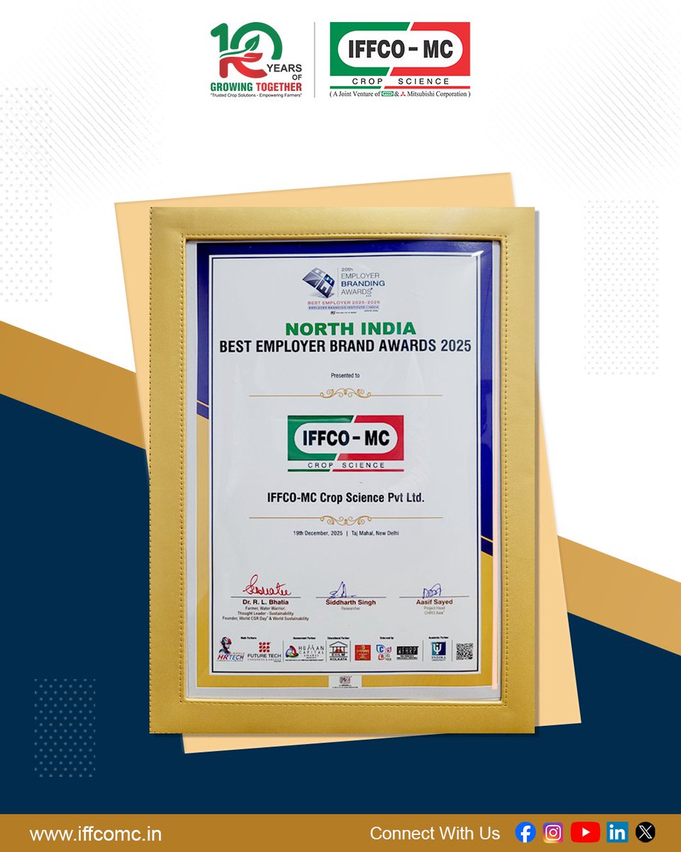iffcomc's tweet photo. 🏆Proud Moment for IFFCO-MC!

We are honoured to be recognised as the “North India Best Employer Brand 2025” by the WORLD HRD Congress. 

#iffcomc #bestemployerbrand #northindia #worldhrdcongress #peoplefirst #workplaceexcellence #agriculture #cropprotection #empoweringfarmers https://t.co/ZoFOJezMTp