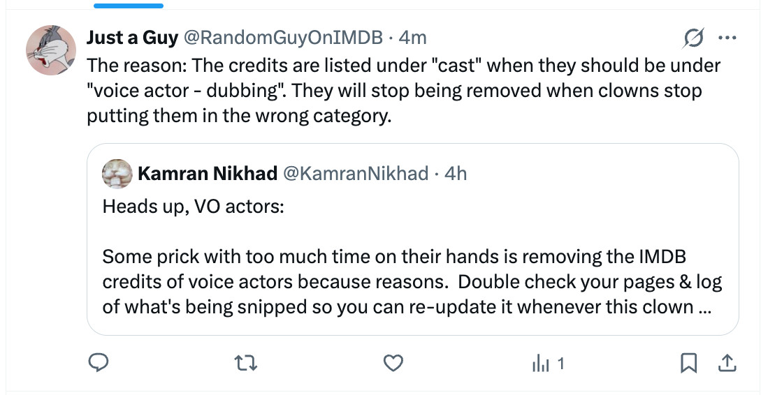 KamranNikhad's tweet image. To any VO actors bleeding IMDb credits, this clown is deleting all dubbing or localized credits since they don't wanna see dub actors listed in main credits.

Email IMDb support to check the contribution history &amp;amp; report the user removing everything for abusing the edit system.