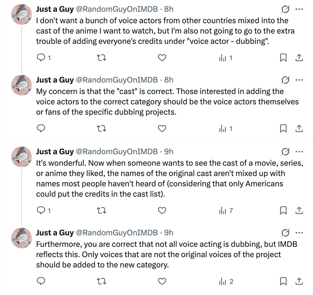 KamranNikhad's tweet image. To any VO actors bleeding IMDb credits, this clown is deleting all dubbing or localized credits since they don't wanna see dub actors listed in main credits.

Email IMDb support to check the contribution history &amp;amp; report the user removing everything for abusing the edit system.