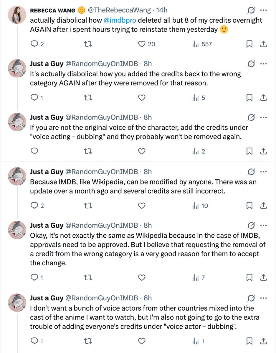 KamranNikhad's tweet image. To any VO actors bleeding IMDb credits, this clown is deleting all dubbing or localized credits since they don't wanna see dub actors listed in main credits.

Email IMDb support to check the contribution history &amp;amp; report the user removing everything for abusing the edit system.