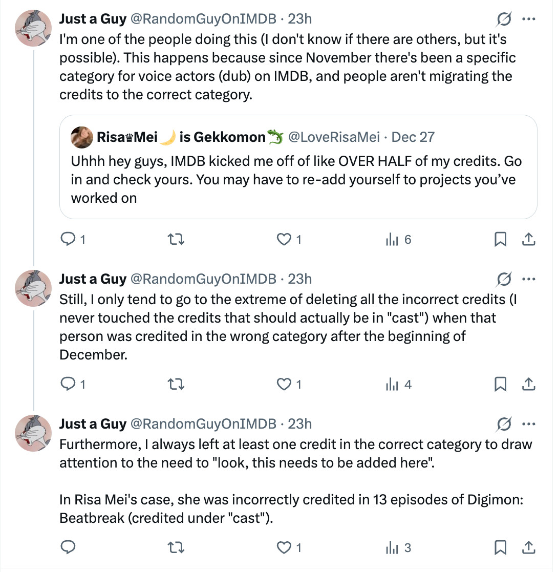 KamranNikhad's tweet image. To any VO actors bleeding IMDb credits, this clown is deleting all dubbing or localized credits since they don't wanna see dub actors listed in main credits.

Email IMDb support to check the contribution history &amp;amp; report the user removing everything for abusing the edit system.