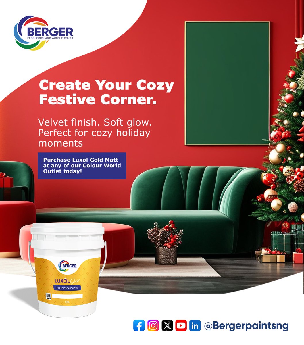 Bergerpaintsng's tweet image. Give your home the holiday treatment it deserves ❕

High-quality textures and rich colors are just one visit away. Shop our premium matte collection at a Colour World Outlet near you!
#BergerPaints #InteriorDecor #HomeMakeover #Trending