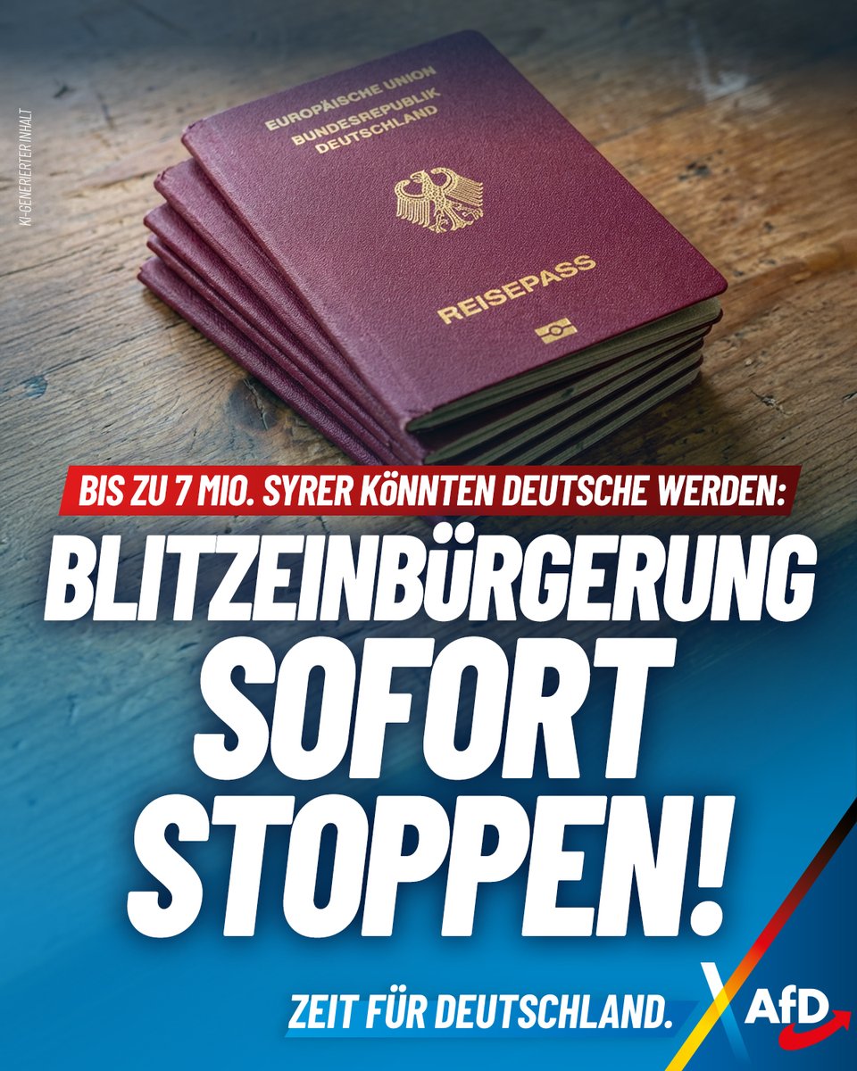 Migrationsforscher Koopmans warnt vor der „demografischen Zeitbombe“: Wegen der vielen Blitz-Einbürgerungen nach nur fünf Jahren in Deutschland könnte es bald schon 7 Millionen Syrer hier geben. Unser Land braucht dringend eine Migrationswende. Unser Land braucht die AfD!