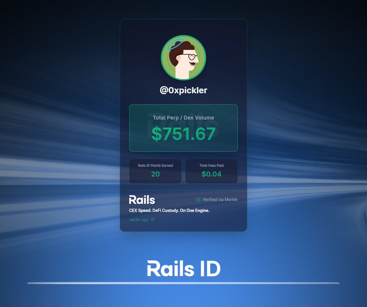 0xpickler's tweet photo. Just generated my Rails ID off $751.67 of DEX volume.

Grab your ID and plug into Rails Play, the newest product from @rails_xyz designed to teach you how to trade perps, for boosted Points: https://t.co/0ODJkOjPbO https://t.co/wwMDHoXp8L