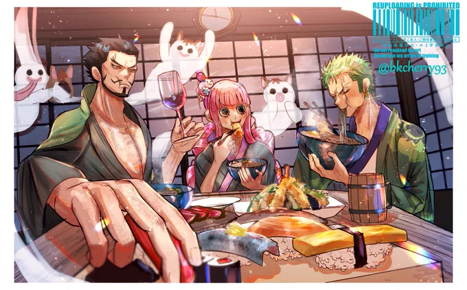 年末を過ごすシッケアール組 ゾロが美味しそうに食べてるのを見つめる二人 #ONEPIECE