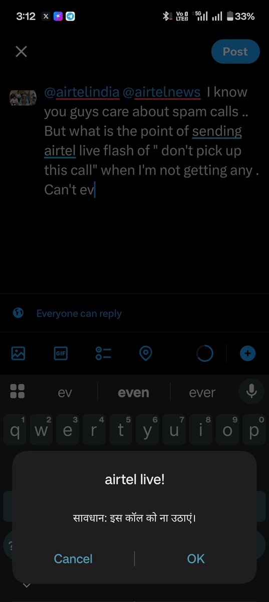 chotedaacsaab's tweet photo. @airtelindia @airtelnews  I know you guys care about spam calls .. 
But what is the point of sending airtel live flash of " don't pick up this call" when I'm not getting any . 
Can't even use my phone , even while writing this tweet . Time to port out of Airtel  . https://t.co/mZSlsdMZsz
