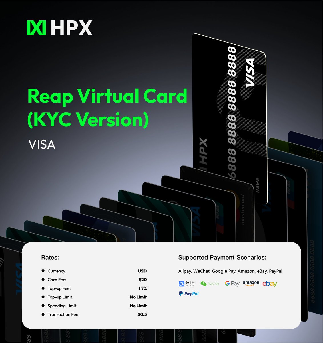 Introducing НРХ Reap Virtual Card! 🚉 Supports Alipay, WeChat, Google Pay,  Amazon, eBay, PayPal, AliExpress, Taobao, Shopee, https://t.co/CyzsdluKqo,  Agoda, Airbnb, Uber, TikTok, X, Spotify, etc. ✓ No spending limit, low  spending fee