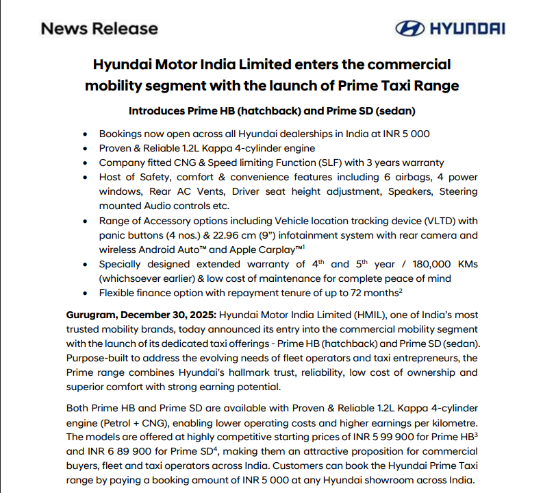 CNBCTV18Live's tweet image. #JustIn | #HyundaiMotor India;

▶️Enters commercial mobility segment with the launch of Prime Taxi Range