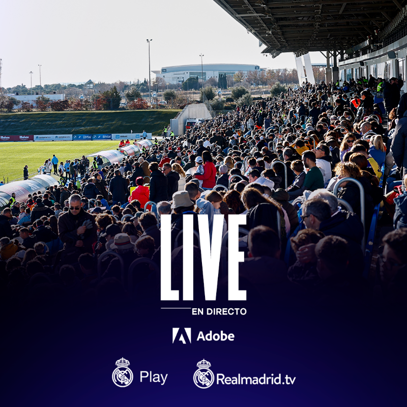 realmadrid's tweet photo. 📺 ¡Sigue nuestro entrenamiento abierto para los socios del club con entrada, EN DIRECTO, en RM Play y RMTV! 
👉 @adobe