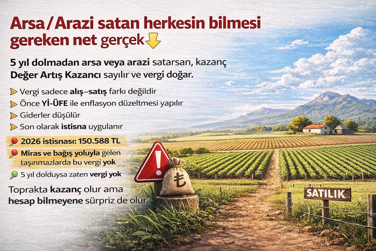 Arsa / Arazi satan herkesin bilmesi gereken net gerçek 👇

5 yıl dolmadan arsa veya arazi satarsan, kazanç Değer Artış Kazancı sayılır ve vergi doğar.

• Vergi sadece alış–satış farkı değildir
• Önce Yİ-ÜFE ile enflasyon düzeltmesi yapılır
• Giderler düşülür
• Son olarak