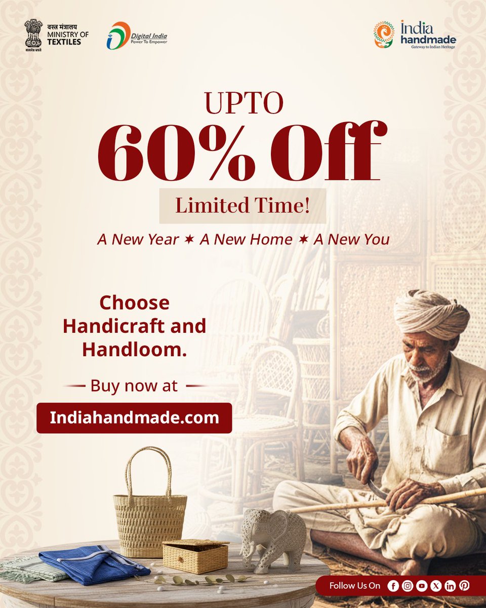 Indiahandmade_'s tweet image. Up to 60% Off – Limited Time! ✨
A new year. A new home. A new you.
Choose the warmth of handicraft &amp;amp; handloom for meaningful beginnings.
👉 Buy now at indiahandmade.com

Explore. Support. Empower.
#Indiahandmade #SupportArtisans #HandloomIndia #VocalForLocal #MadeInIndia