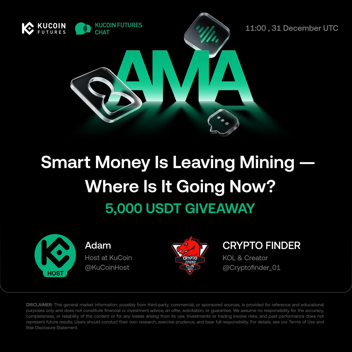 🎙 #KuCoin Futures Chat LIVE  
🗓 Dec 31 | 11:00 (UTC) 
🎁 $5,000 prize pool with exclusive airdrops!

How to claim:
Follow <a href="/KuCoinFutures/">KuCoin Futures ⚡️</a>. Like, RT &amp; Tag 3 friends
Join @KuCoin_Futures_TG group: t.me/KuCoin_Futures…
Join Space: x.com/i/spaces/1vAxR…
Fill out Gleam form: