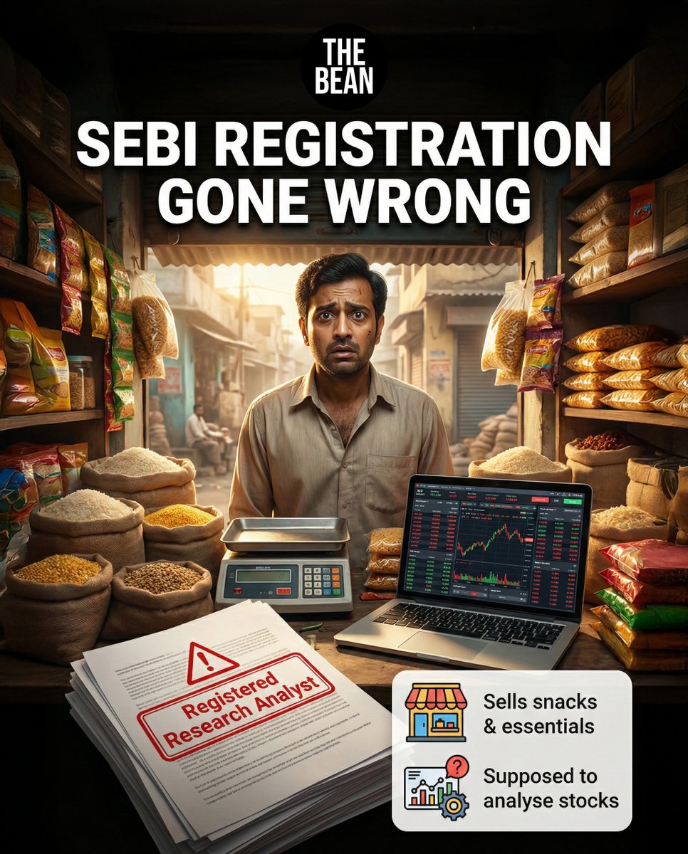 TheBean_media's tweet image. 1/12
SEBI just cancelled the licence of a registered “Research Analyst”.

Because the man wasn’t analysing markets.
He was running a 100 sq ft grocery shop.

Yes, this actually happened. 🧵
#sebi #stockmarkets #investorfraud