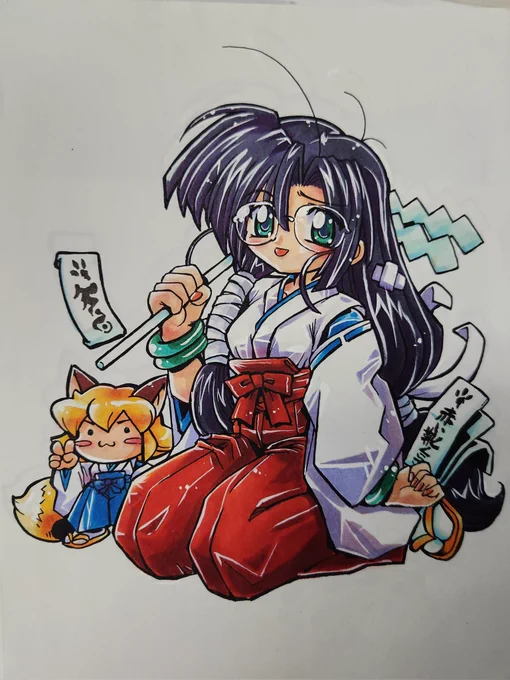 めがね巫女さん 古い同人テレカとその部品 コピック塗りアナログ絵