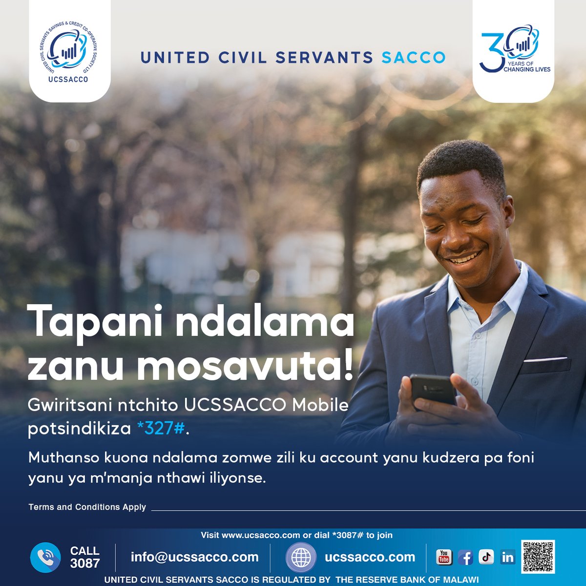 UCSSACCO's tweet image. Tapani ndalama zanu mosavuta!
Gwiritsani ntchito UCSSACCO Mobile potsindikiza *327#.
Muthaso kuona ndalama zomwe zili ku account yanu kudzera pa foni yanu ya m'manja nthawi iliyonse.
 #unitedcivilservantssacco