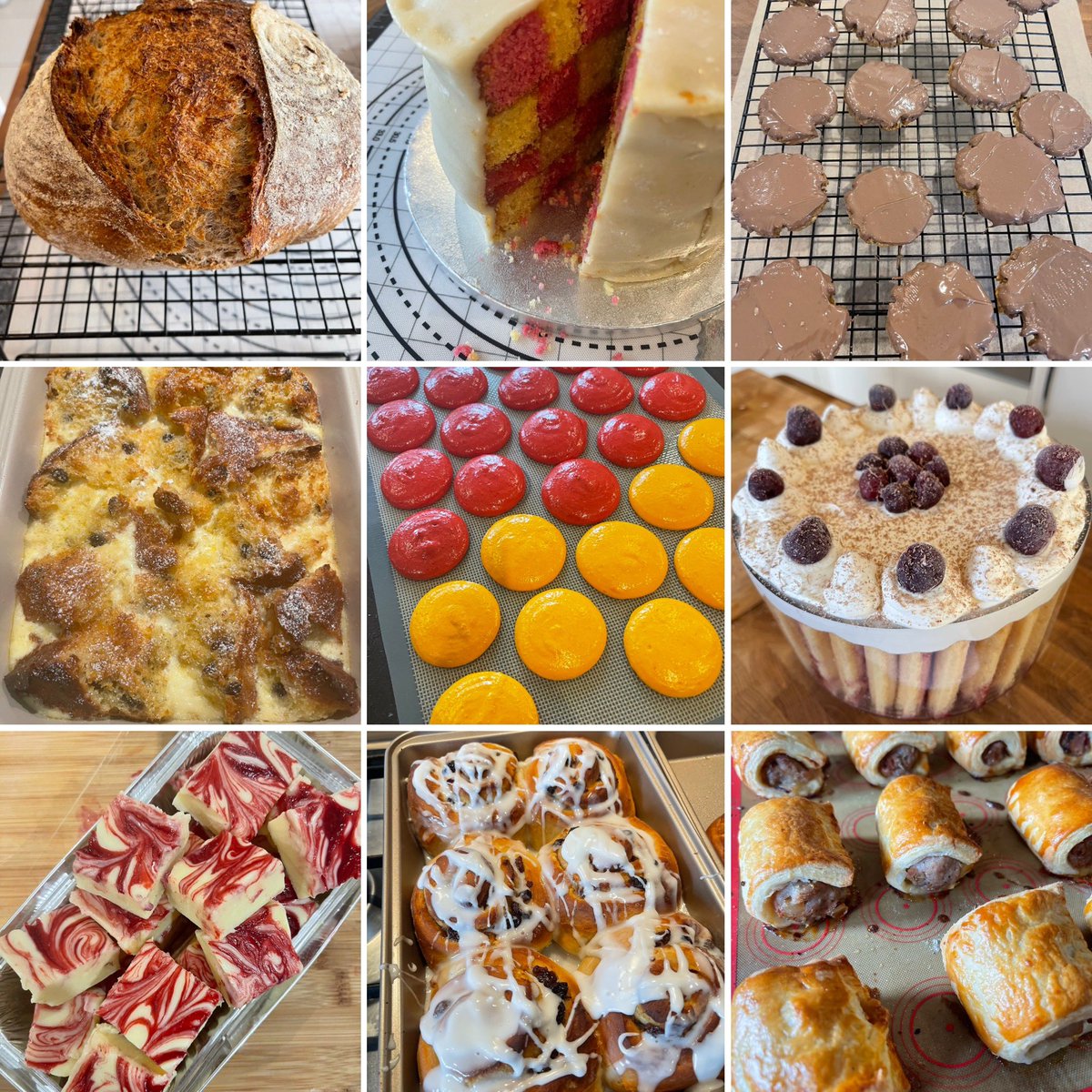 ScuttPete's tweet photo. A few of my bakes over the Christmas break - sourdough made from homemade starter, Battenberg, choc hobnobs, panettone bread and butter pudding, macaroons, Christmas trifle, raspberry fudge, Christmas rolls &amp; pigs in blanket rolls #bakes https://t.co/85HS2uUaRo