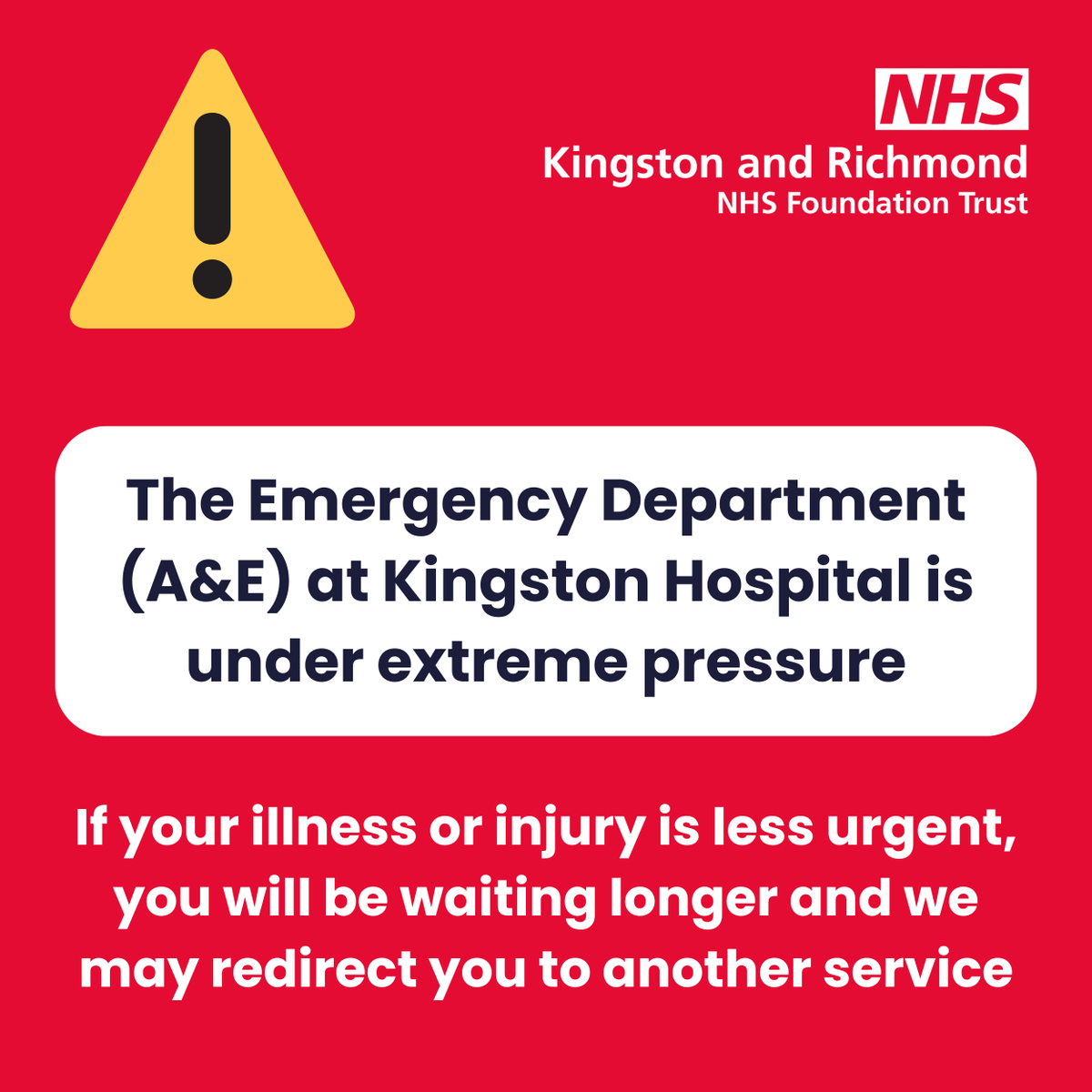 ⚠️ The Emergency Department at Kingston Hospital is very busy. If you need urgent care, you may be seen more quickly at our urgent treatment centre (UTC) at Teddington Memorial Hospital, open until 8pm. Call 111 or visit 111.nhs.uk for 24/7 health advice.