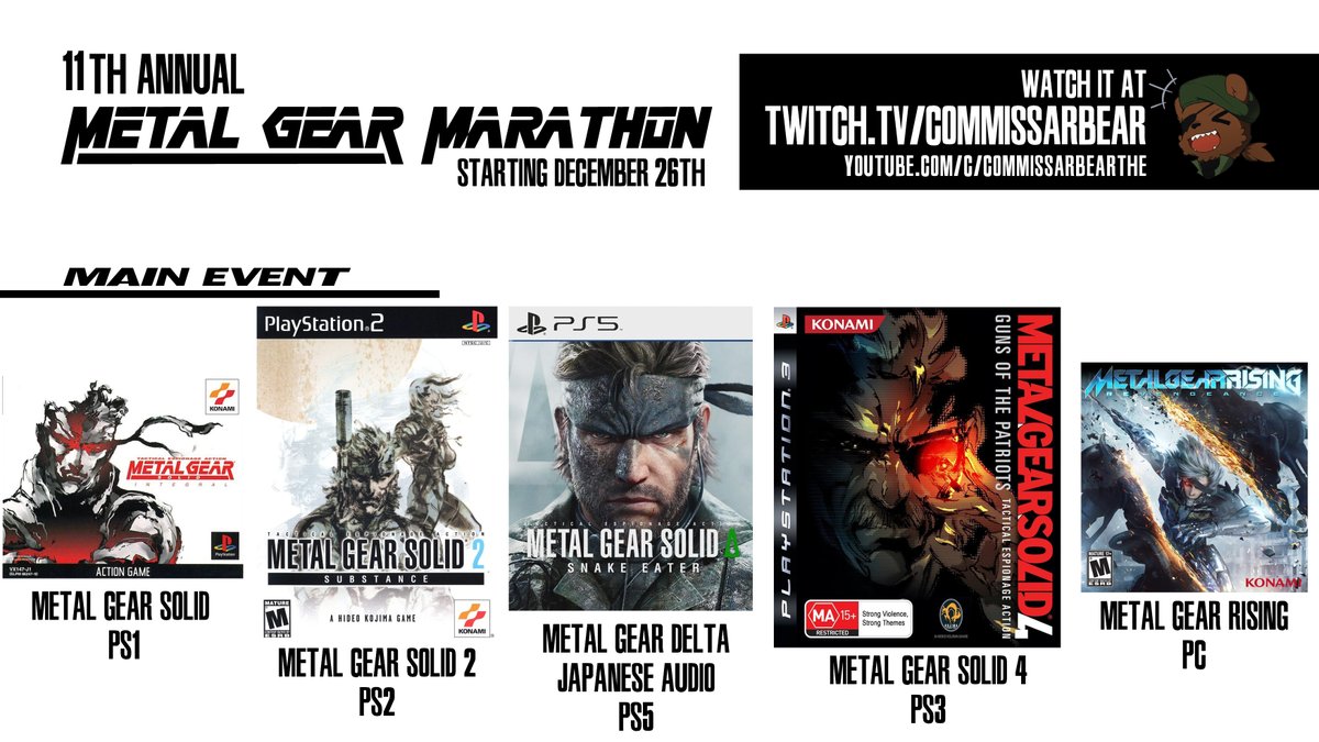 The 11th Annual Metal Gear Marathon continues with the back half of MGS3 via Metal Gear Sold Delta! We will be starting MGS4 later tonight as well to keep on schedule!

(Streaming on twitch and youtube, links below)
#MGM #Vtuber