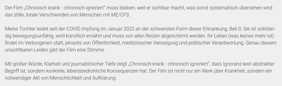 mecaregiver's tweet image. ✍️Bitte verbreitet &amp;amp; unsterschreibt die Petition zur Verlängerung der Online-Verfügbarkeit: ARTE-Doku „Chronisch krank, chronisch ignoriert"!
Bitte lest auch die erschütternden Kommentare #PostVac #MEcfs #LongCovid Betroffener!
openpetition.de/petition/komme…