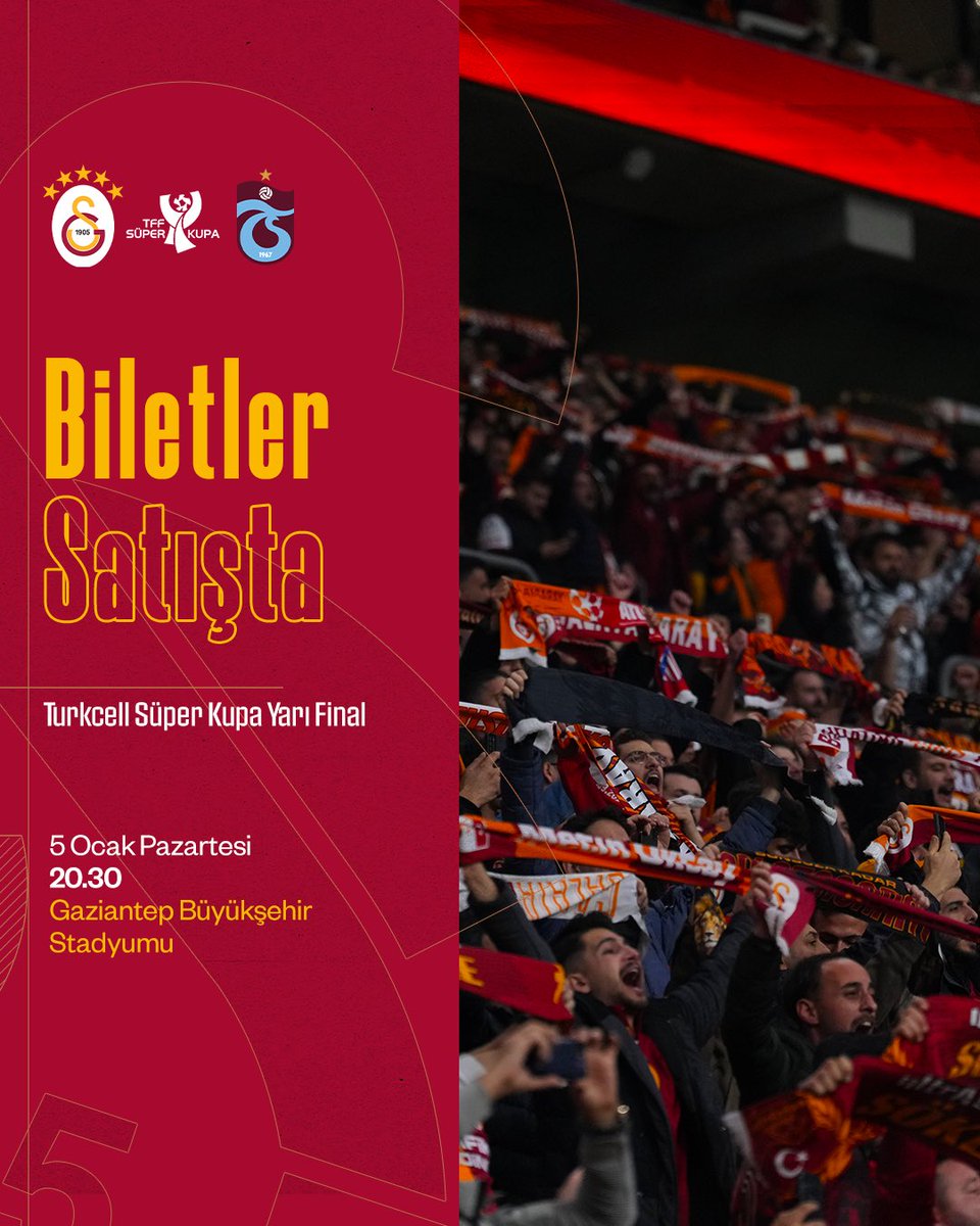 GalatasaraySK's tweet photo. 🏟️ Turkcell Süper Kupa’da Trabzonspor ile 5 Ocak Pazartesi günü saat 20.30’da Gaziantep Büyükşehir Stadyumu’nda oynayacağımız yarı final maçının biletleri SATIŞTA! #GSvTS

🎫 Bilet satın almak için 👉 https://t.co/6Na029Vd0h https://t.co/Cr5YosfTnX