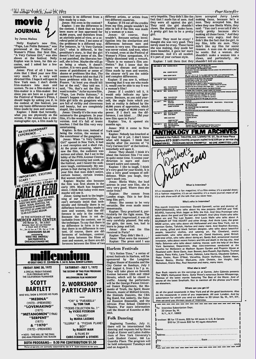 ジョナス・メカスによるネリー・カプランへのインタビュー記事。The Village Voice誌1972年6月22日号。
1972年6月NYでの第1回国際女性映画祭で『海賊のフィアンセ』が正式上映された…特別上映された当時最新作『パパ・プティ・バトー』をメカスはとても気に入ったらしい…
その機会でのインタビュー。