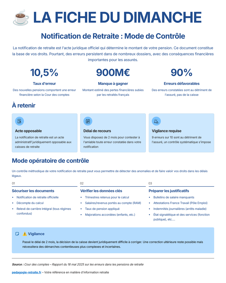 PedagoRetraite's tweet photo. 📄 Une notification de retraite n’est pas un simple courrier.
C’est une décision administrative opposable.
Autrement dit :
 ✔️ elle s’impose
 ✔️ elle produit des effets financiers
 ✔️ elle devient définitive si elle n’est pas contestée à temps

En 2024, 10,5 % des nouvelles pensions comportaient une erreur financière.
C'est le constat du rapport de la Cour des comptes publié le 16 mai 2025.
Impact estimé : 900 millions d'euros de manque à gagner.
Et dans 90 % des cas, l'erreur est au détriment de l'assuré. Pas de la caisse.

Dans la pratique, les erreurs ne sont pas spectaculaires.
Elles sont techniques, silencieuses, mais durables.
Les erreurs les plus fréquentes :
→ Trimestres non comptabilisés
→ Salaires anciens mal reportés

→ Majorations oubliées
→ Points Agirc-Arrco manquants
👉 Une notification se contrôle, elle ne se “lit” pas.
 👉 Après le délai de recours, corriger devient juridiquement complexe.
C’est souvent là que commence le vrai sujet retraite.
Source : Cour des comptes, rapport mai 2025
📄 https://t.co/t1ZKfvl9br Besoin d'un audit ? D'une formation pour vous ou vos équipes ? → Parlons-en