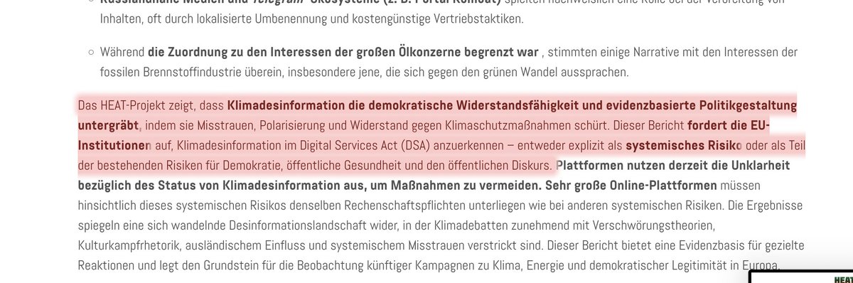Jetzt wird's spannend Leute. Schaut euch den "HEAT" Bericht an. Die EU-Kommission finanziert indirekt über ihren "Europäischen Medien- und Informationsfonds" einen Bericht, der wiederum empfiehlt, dass Kritik an der EU-Klimapolitik unter die Doktrin des DSA fällt und sanktioniert