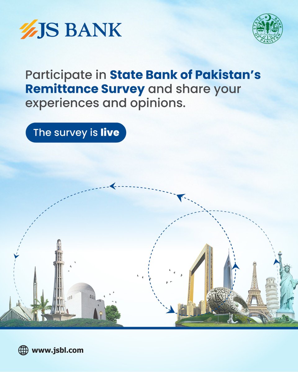 Your feedback matters.
Participate in the State Bank of Pakistan’s Remittance Survey and help shape the future of remittance services by sharing your experience and insights.

Take the survey here:
surveyctosbp.surveycto.com/collect/sbprem…

#JSBank #BarhnaHaiAagey #SBP #RemittanceSurvey
