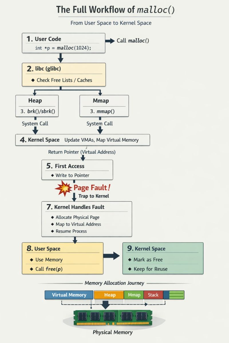 The Full Malloc Workflow: From User Space to Kernel Space