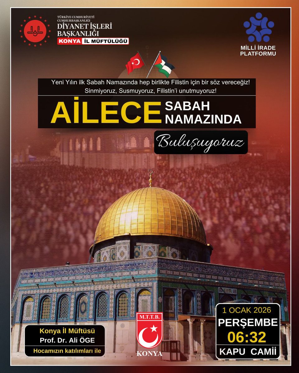 Mazlumun yanında durmak için, 
Adaleti haykırmak için,
Sessiz kalmamak ve tüm dünyaya yeni yılın ilk mesajını vermek dua etmek için 
bir araya geliyoruz!

1 Ocak'ta Kapı Camiinde buluşuyoruz 
tarihe not düşüyoruz.🇵🇸