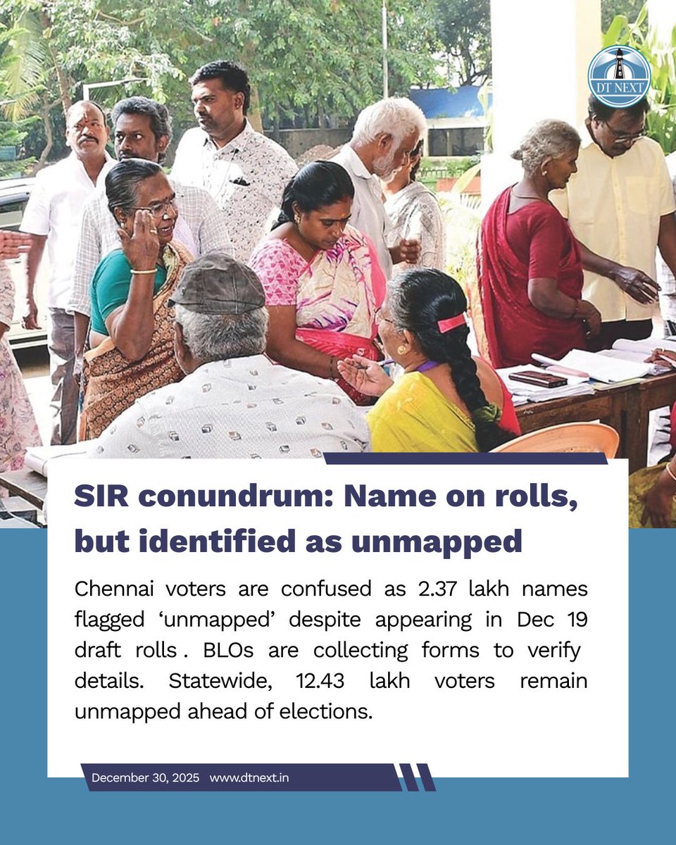 dt_next's tweet image. #Chennai #voters are confused as 2.37 lakh names flagged ‘unmapped’ despite appearing in Dec 19 draft rolls . #BLOs are collecting forms to verify details. Statewide, 12.43 lakh voters remain unmapped ahead of elections.

🖋️ @Prithivrajanbu 

dtnext.in/news/chennai/s…

#DTNext #SIR