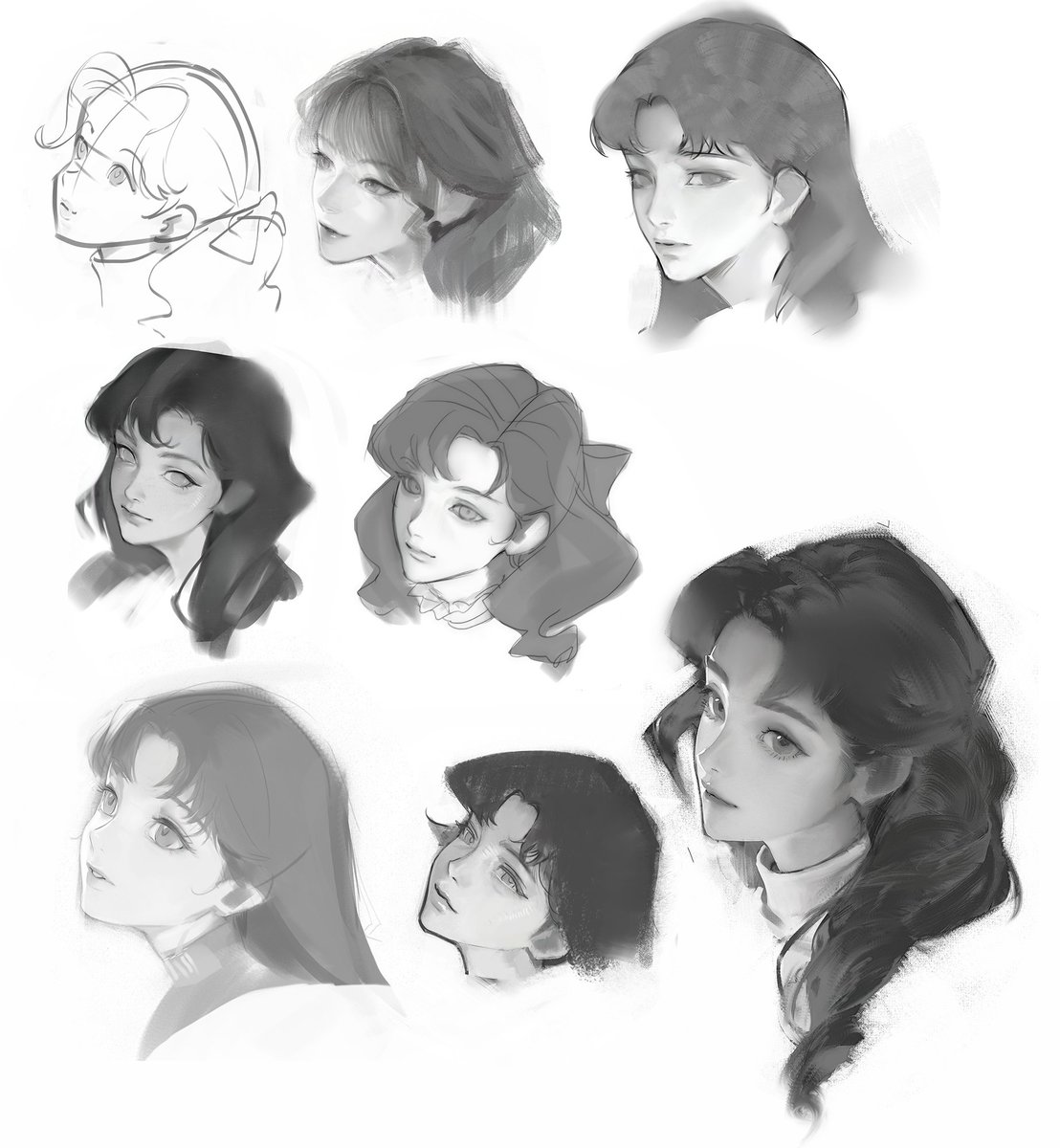 작업때 얼굴 방향성 고민 스케치, image size:1108x1200