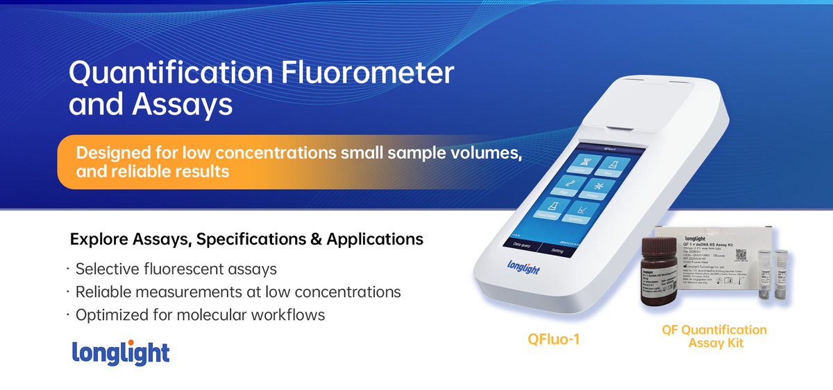 LonglightTech's tweet image. 🌟Fluorometric quantification for low-input samples.🌟

Sensitive, selective assays enable reliable DNA, RNA, and protein measurement—especially at low concentrations.

Learn more about QFluo-1 fluorometer:
 longlight.com
#Fluorometer #Quantification #NGS #Longlight