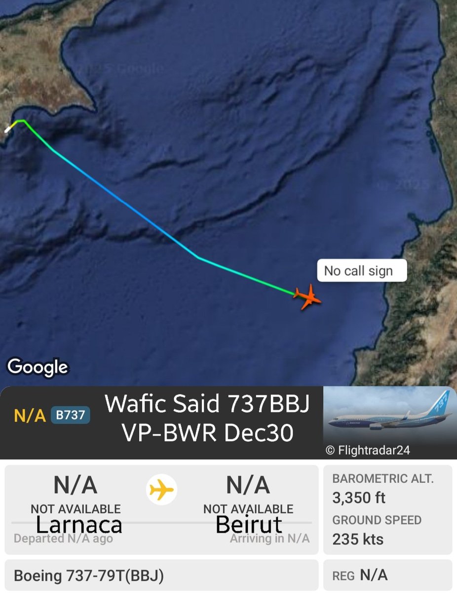 LebanonJets's tweet photo. Wafic Said (&amp; family) #VPBWR 737BBJ parked in Larnaca for 4 nights after a Beirut drop-off, now arrived back into Beirut for a pick-up tracking hex 400143 hidden on public sources https://t.co/QqxUfPjz72
