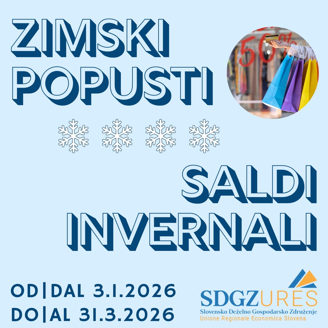 ✨❄️Zimske razprodaje se začnejo 3. januarja 2026!🛒🎁
🔗Info in prodajna pravila: sdgz.it/zimska-razprod…
---

✨❄️Saldi invernali dal 3 gennaio 2026!🛒🎁
🔗Info e le regole per gli operatori: sdgz.it/it/saldi-inver…

#sdgz #popusti #razprodaje #saldi #saldi2026 #popusti2026